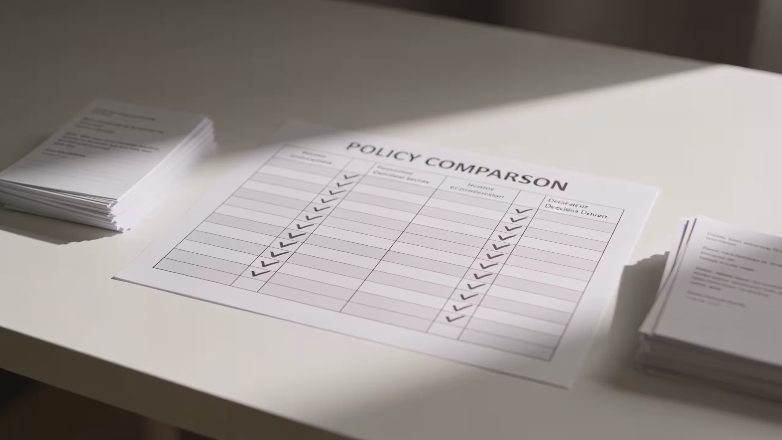 Term vs whole life insurance comparison: policy documents and financial planning materials on a clean office desk