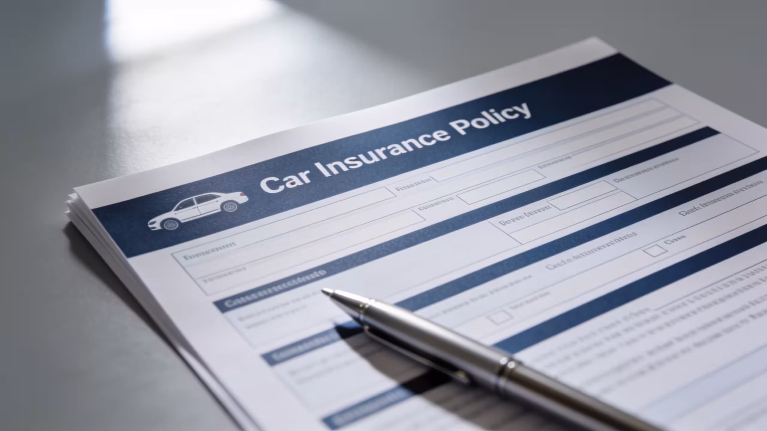 Auto insurance policy document and pen on a clean desk surface, representing uninsured motorist coverage explained