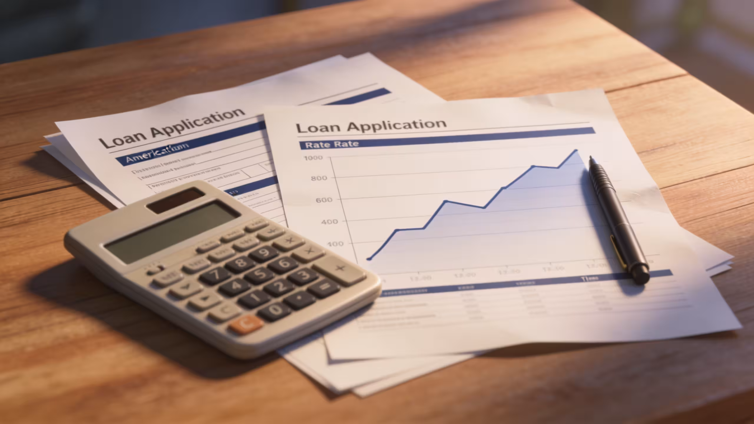 Student loan interest rate factors shown with financial documents, a calculator, and an interest rate chart on a desk