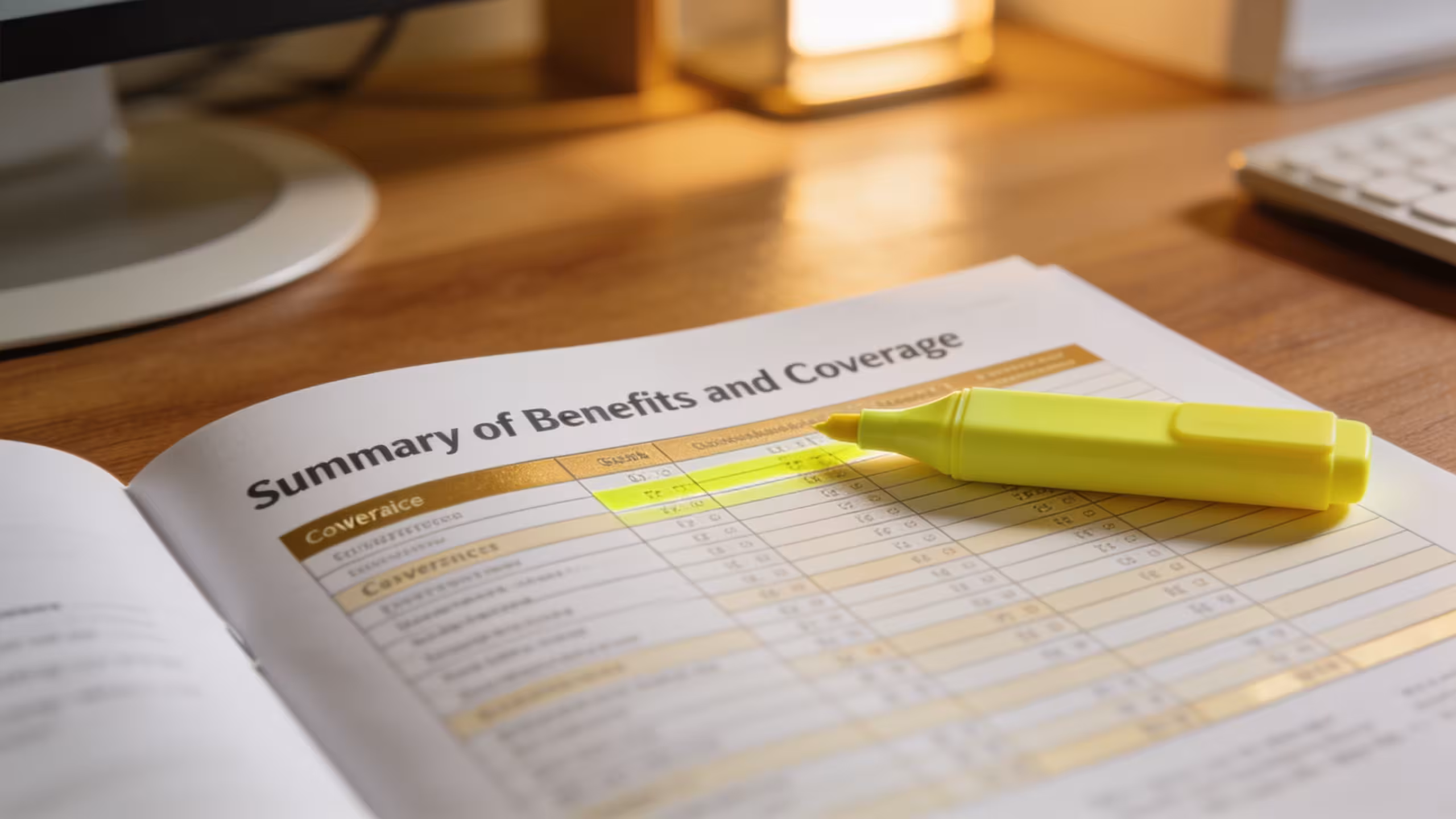Coinsurance in health insurance concept: insurance documents, medical bills, and a pen on a clean white desk, editorial style