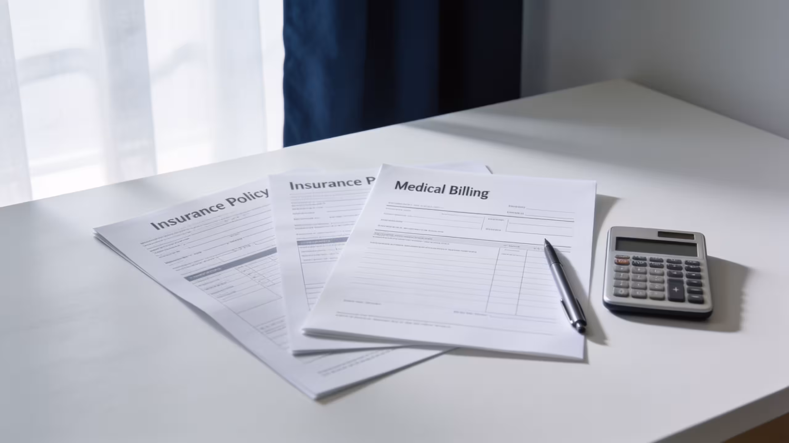 Coinsurance in health insurance concept: insurance documents, medical bills, and a pen on a clean white desk, editorial style
