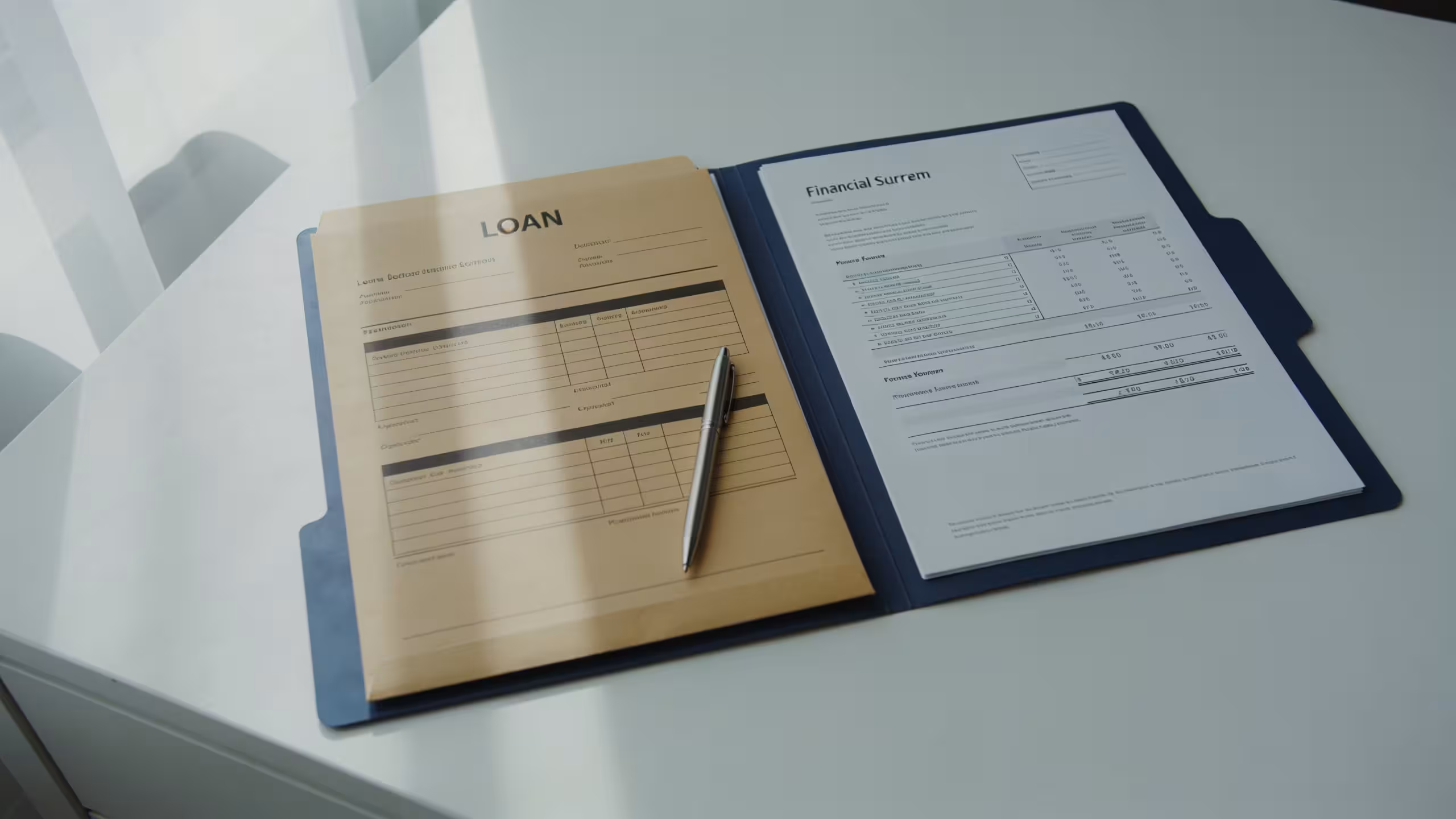 Financial document folder and pen on a desk representing an unsecured personal loan application, clean professional editorial style.