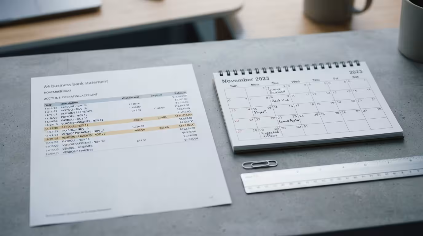 Working capital loan documents and a cash flow chart on a clean business desk, editorial style, no people