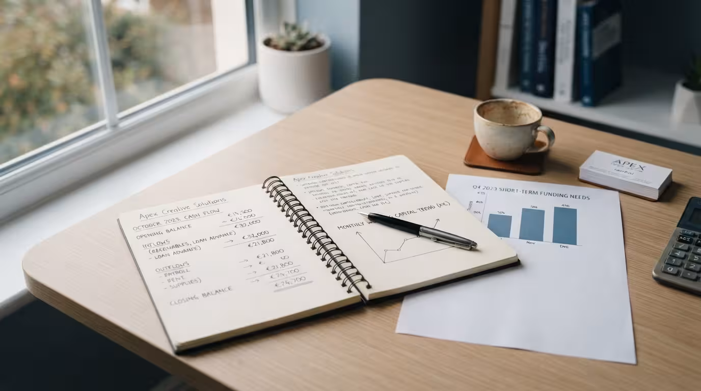 Working capital loan documents and a cash flow chart on a clean business desk, editorial style, no people