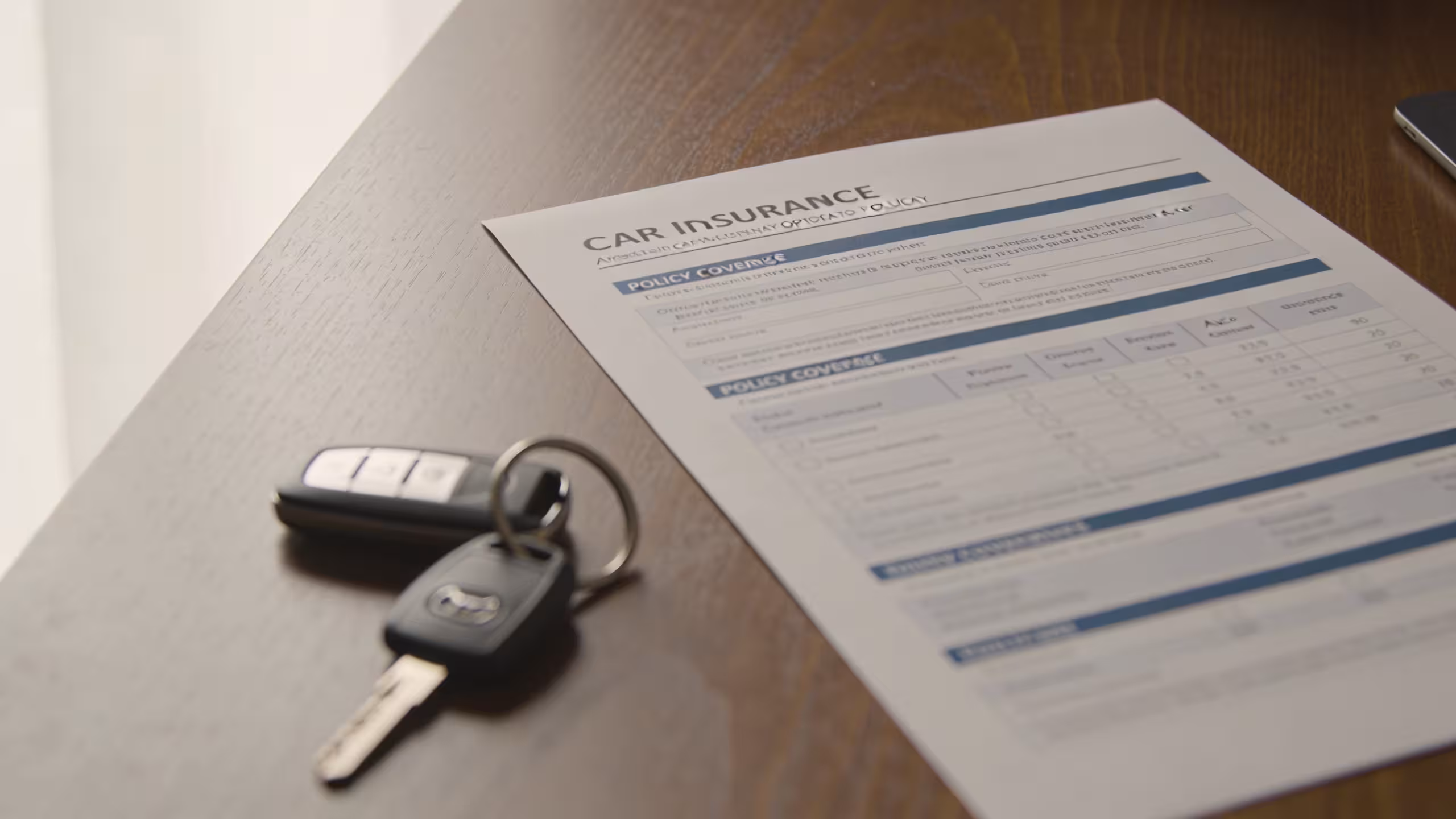 Auto insurance policy documents and car keys on a clean desk , best auto insurance for first time drivers guide