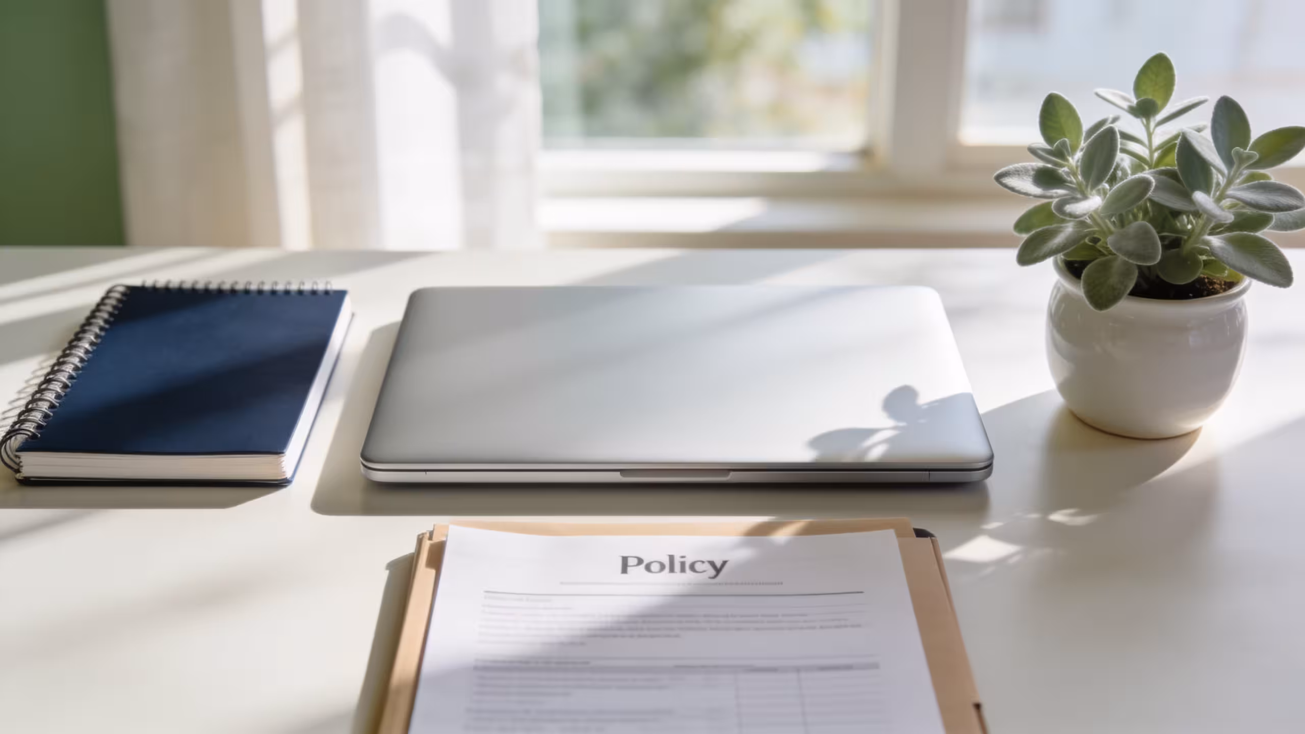 Best life insurance for young adults: laptop, notebook, and policy folder on a tidy desk