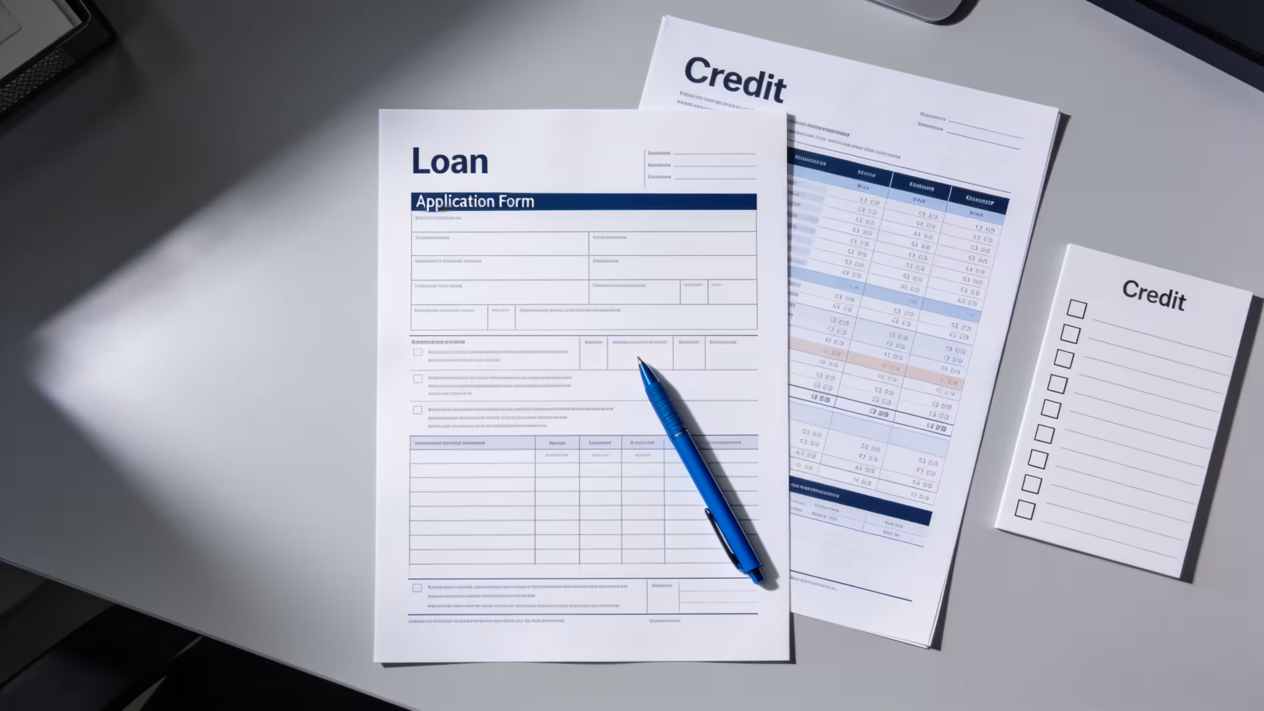 Credit application documents and a personal loan checklist for bad credit borrowers on a desk