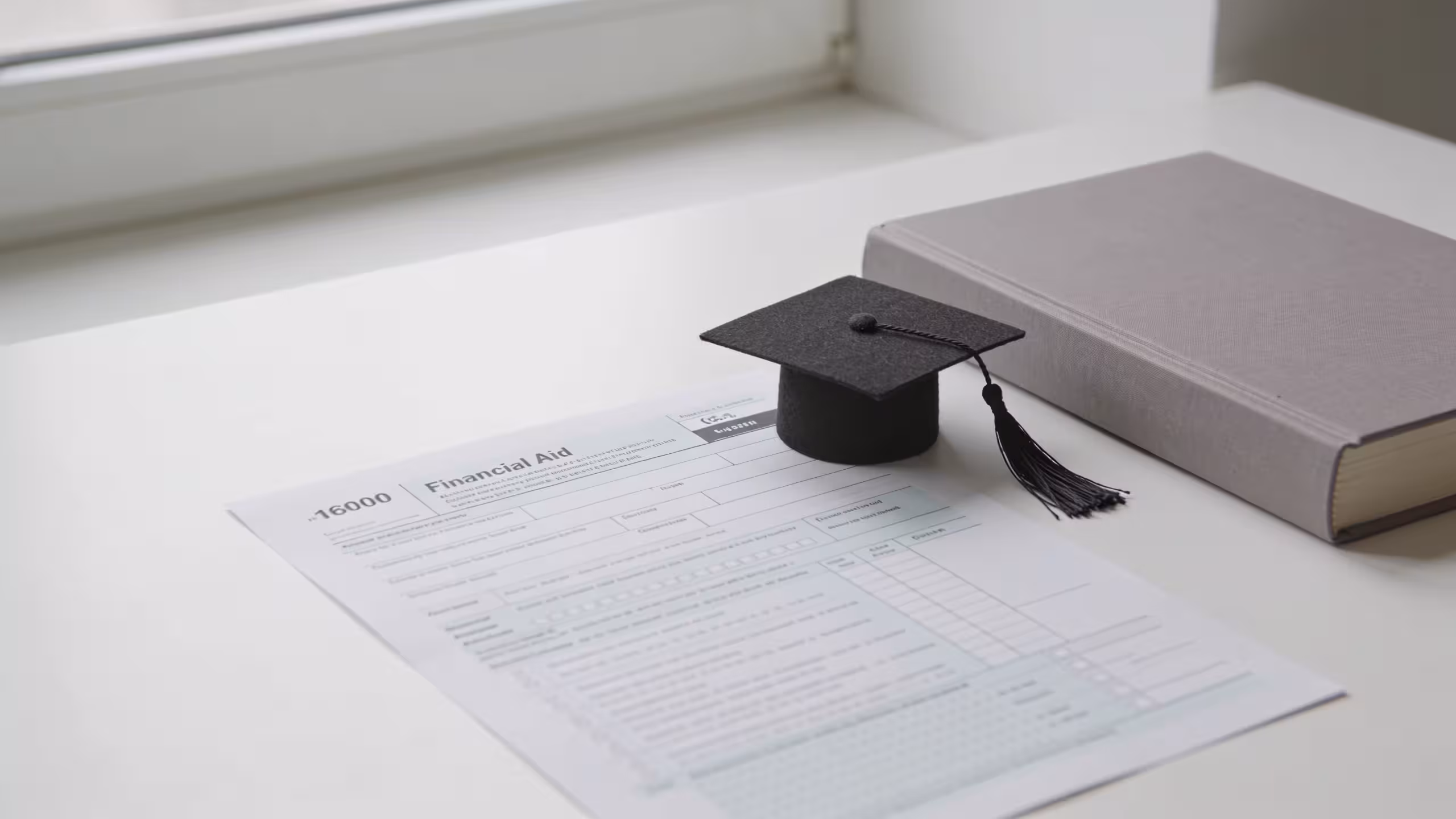 Best student loans for bad credit: financial aid paperwork and a graduation cap on a white desk