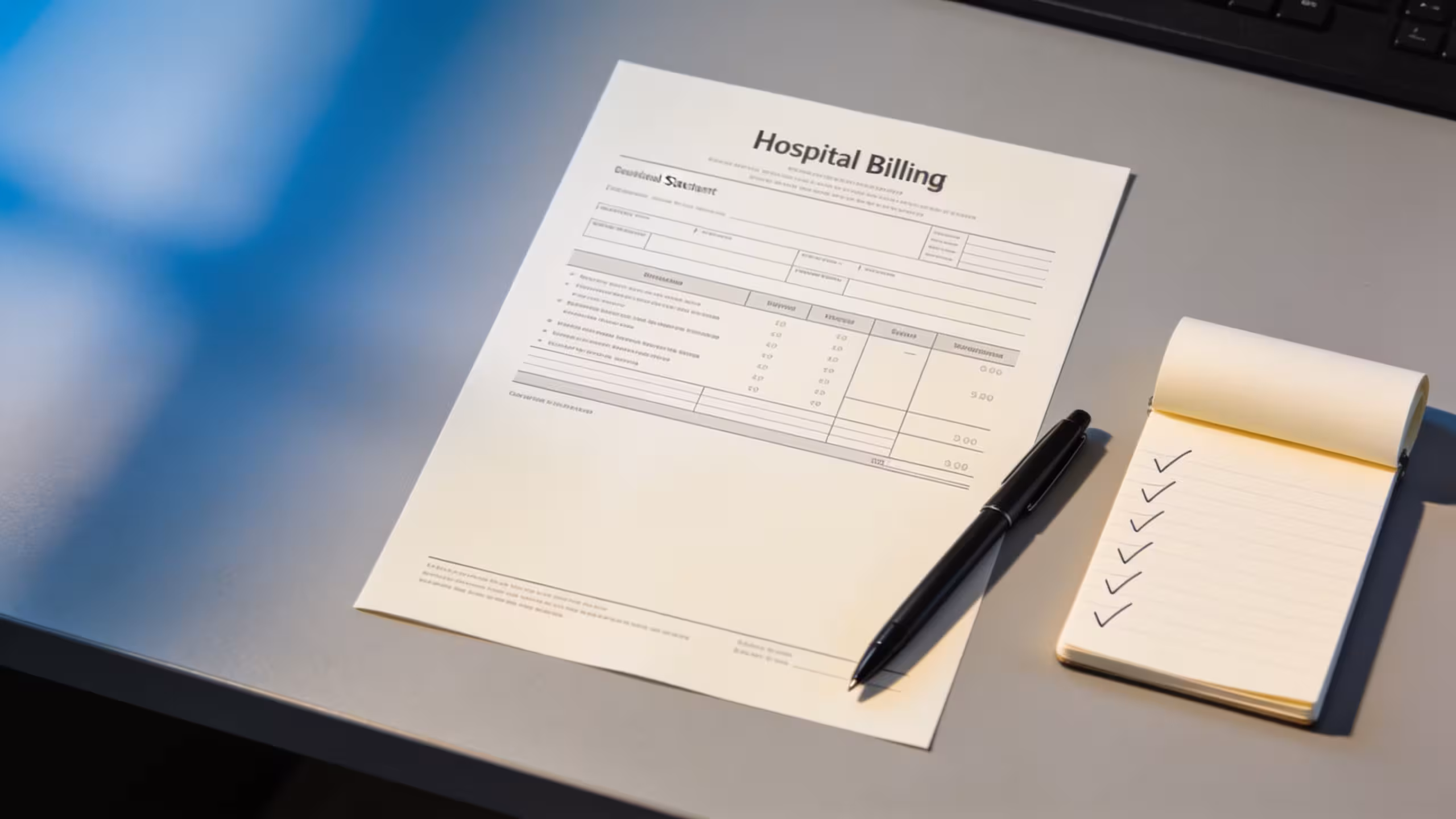 Emergency cash for medical bills: itemized hospital bill on a desk with pen and notepad showing payment options