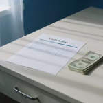 A credit report document and a small stack of cash on a clean desk, representing emergency money options for bad credit borrowers