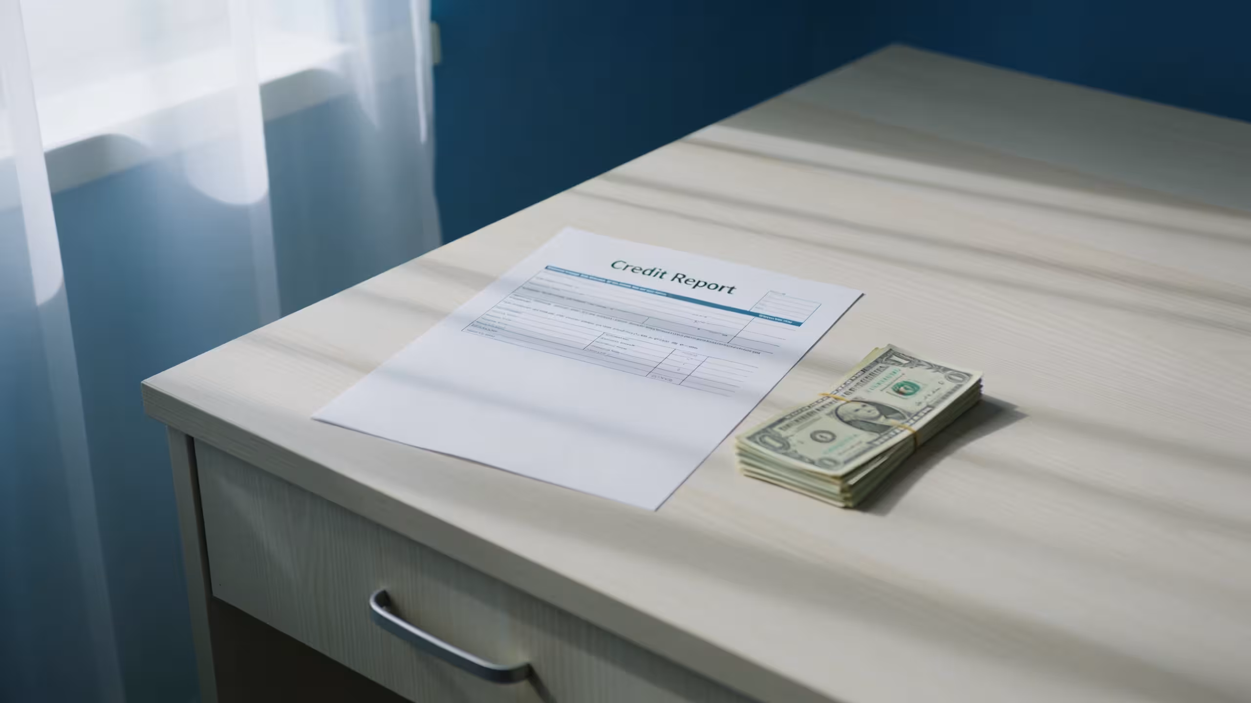 A credit report document and a small stack of cash on a clean desk, representing emergency money options for bad credit borrowers