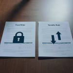 Business loan documents and a rate comparison chart on an office desk, showing fixed vs variable small business loan rates