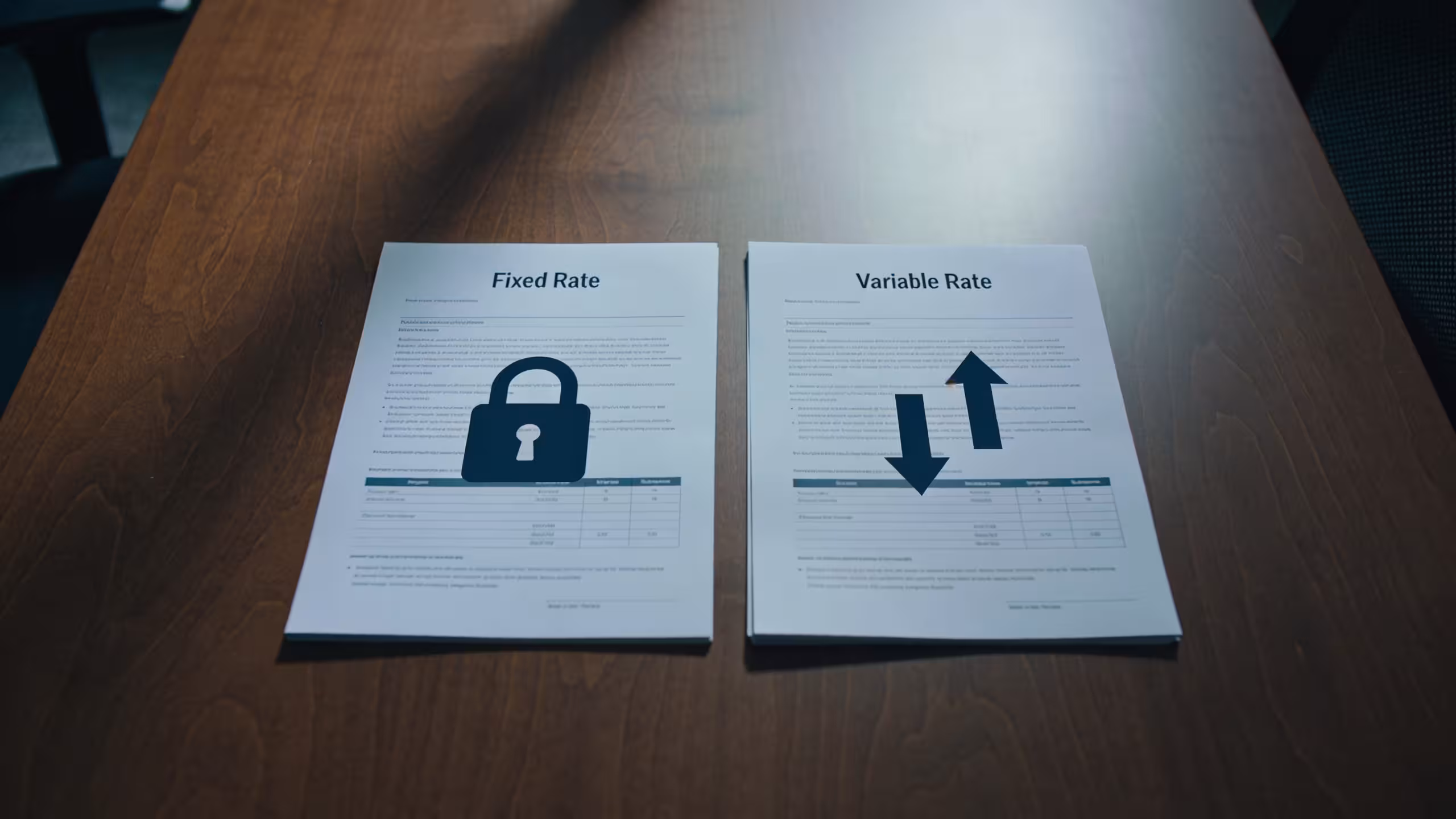 Business loan documents and a rate comparison chart on an office desk, showing fixed vs variable small business loan rates