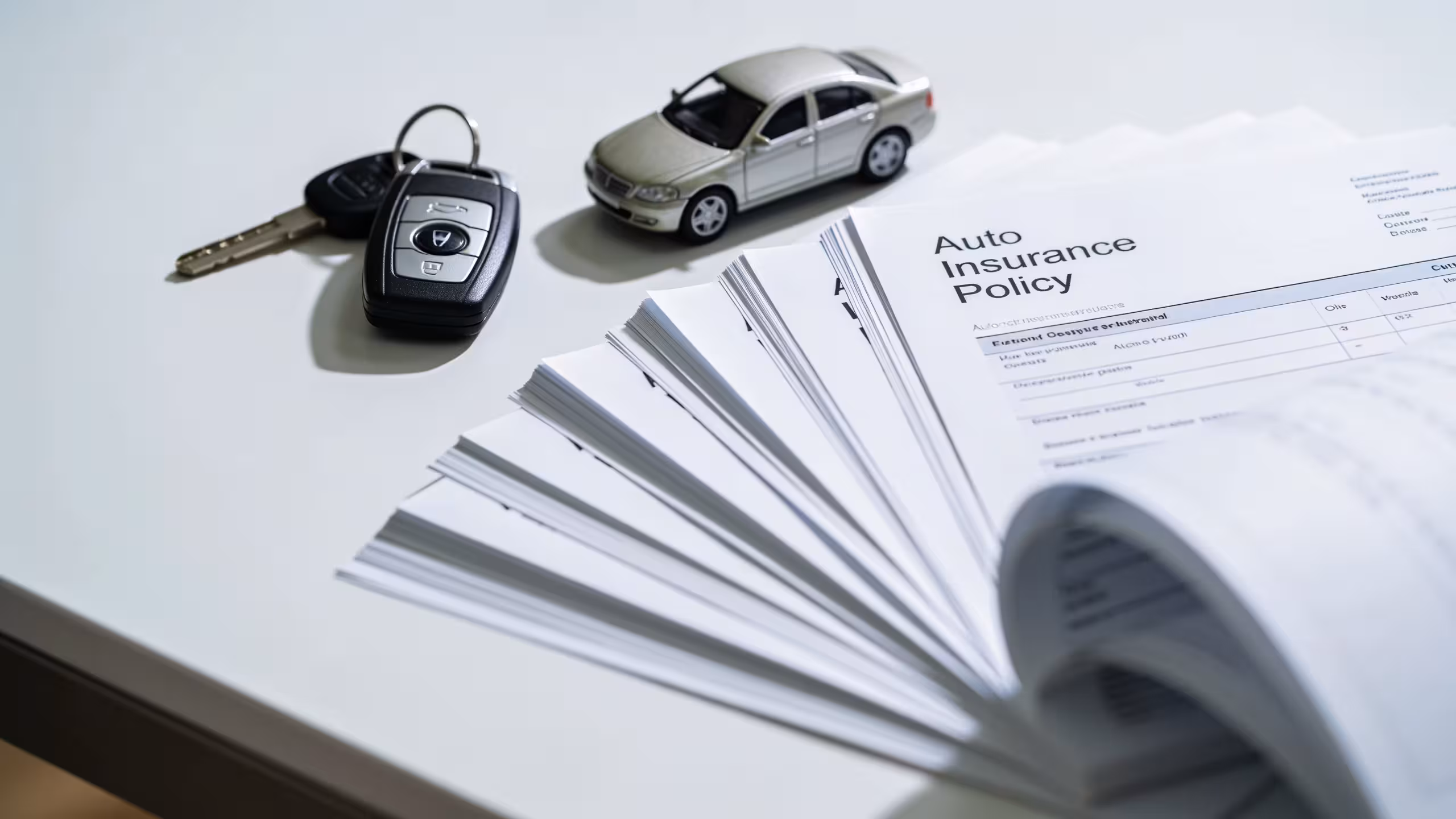 Auto insurance policy document and car keys on a clean desk, professional editorial style, full coverage concept