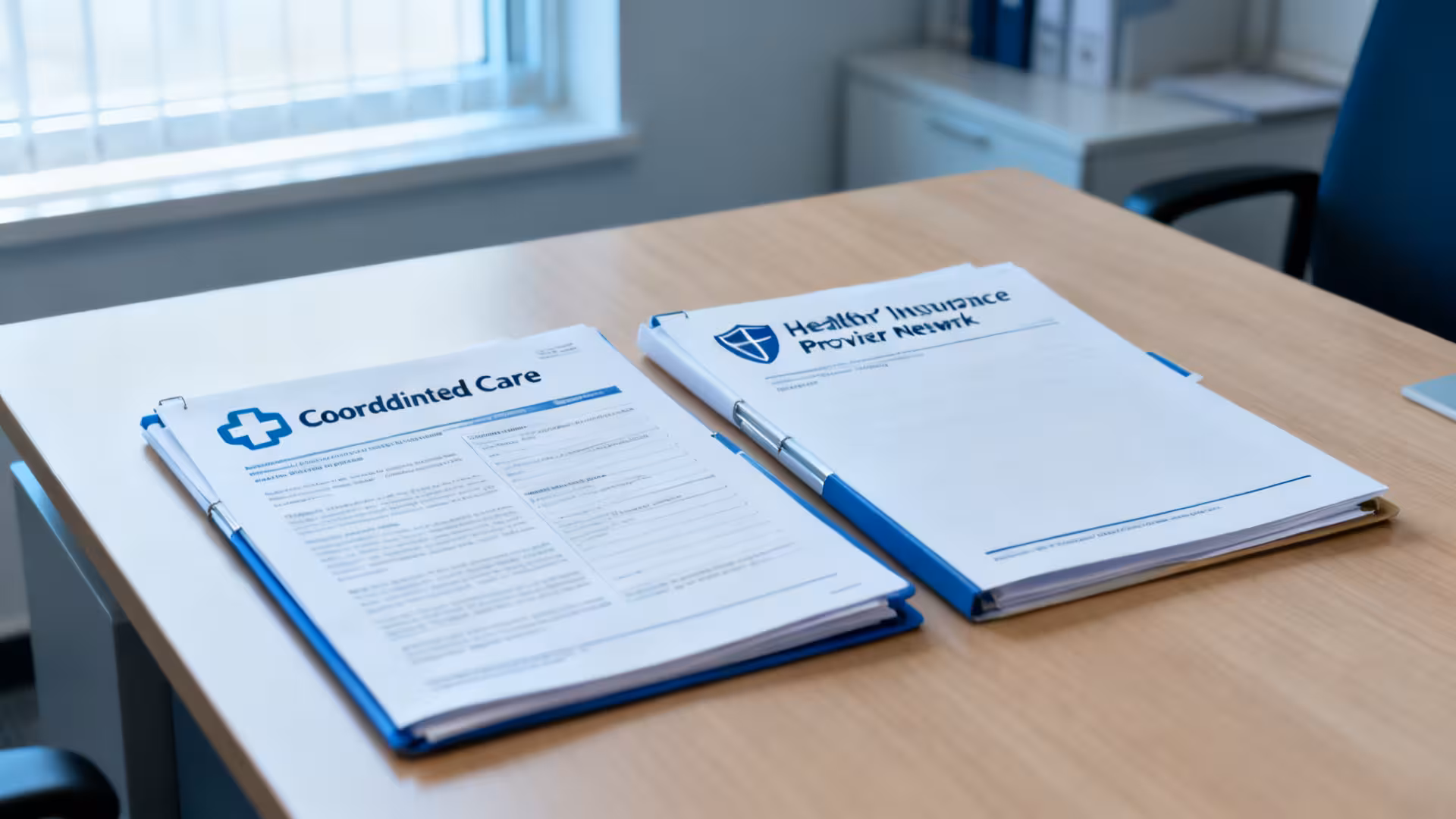 HMO vs PPO health insurance plan documents side by side on a clean office desk, professional editorial style, no people