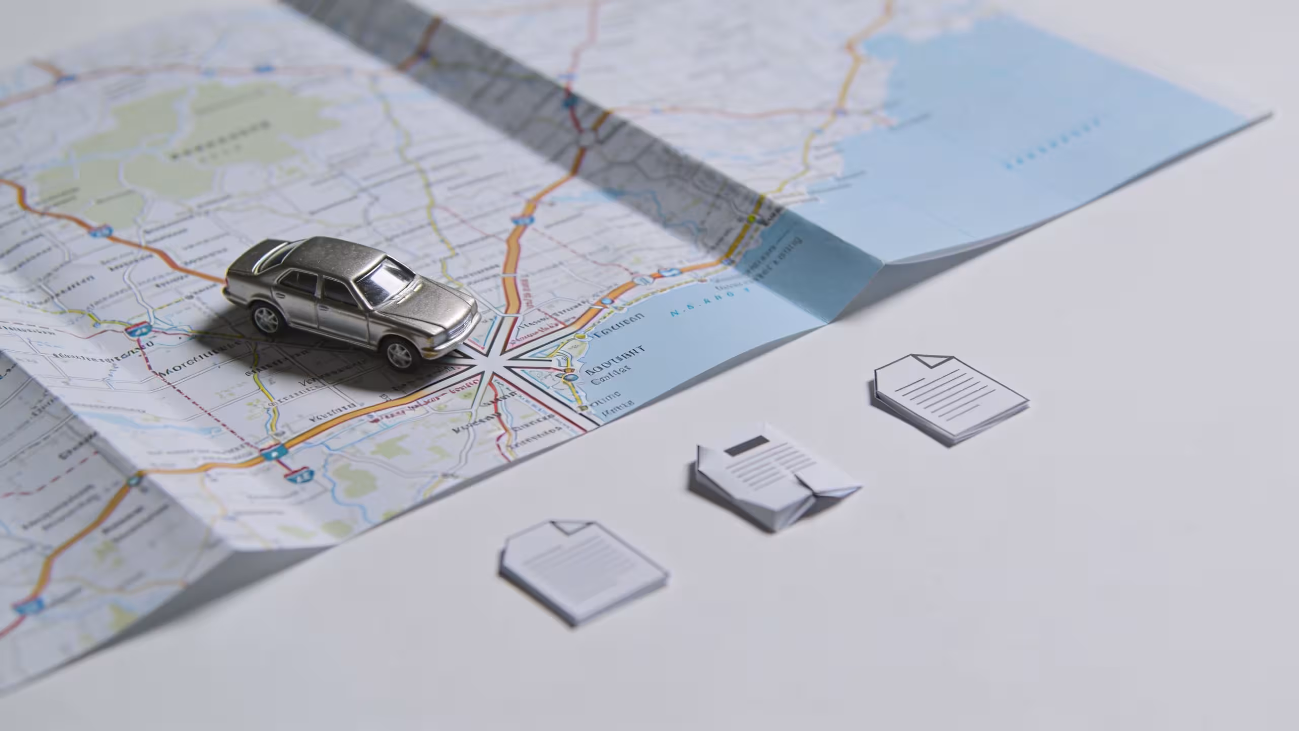 Auto insurance policy document and car keys on a neutral wooden desk, no people