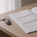 Auto insurance policy document and car keys on a neutral wooden desk, no people