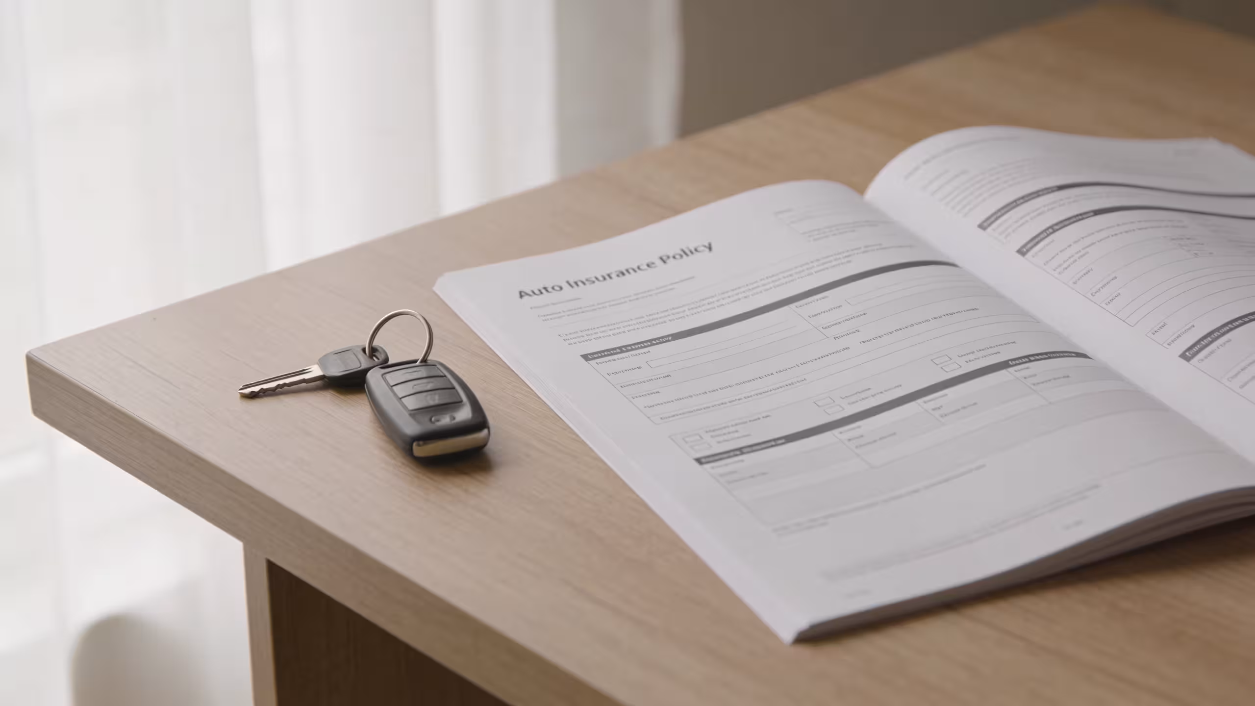 Auto insurance policy document and car keys on a neutral wooden desk, no people