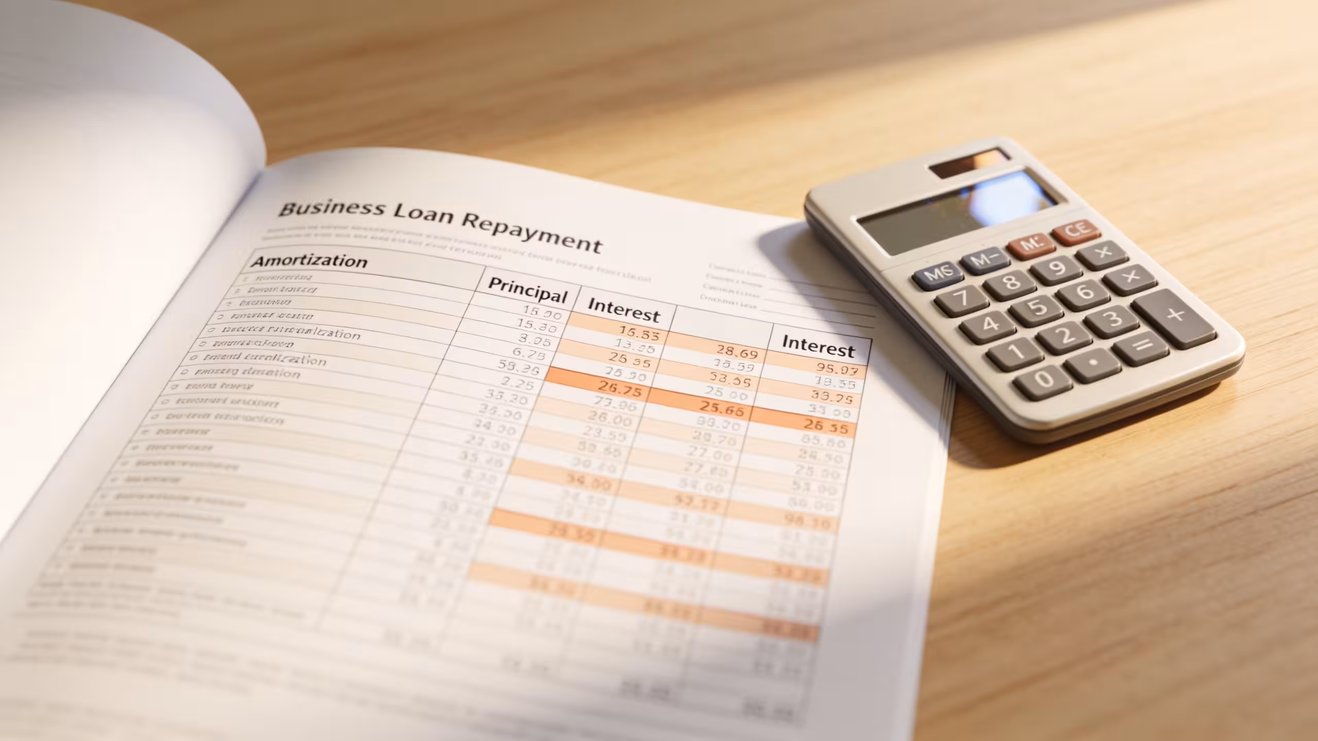 Small business loan repayment schedule and amortization breakdown on a clean office desk