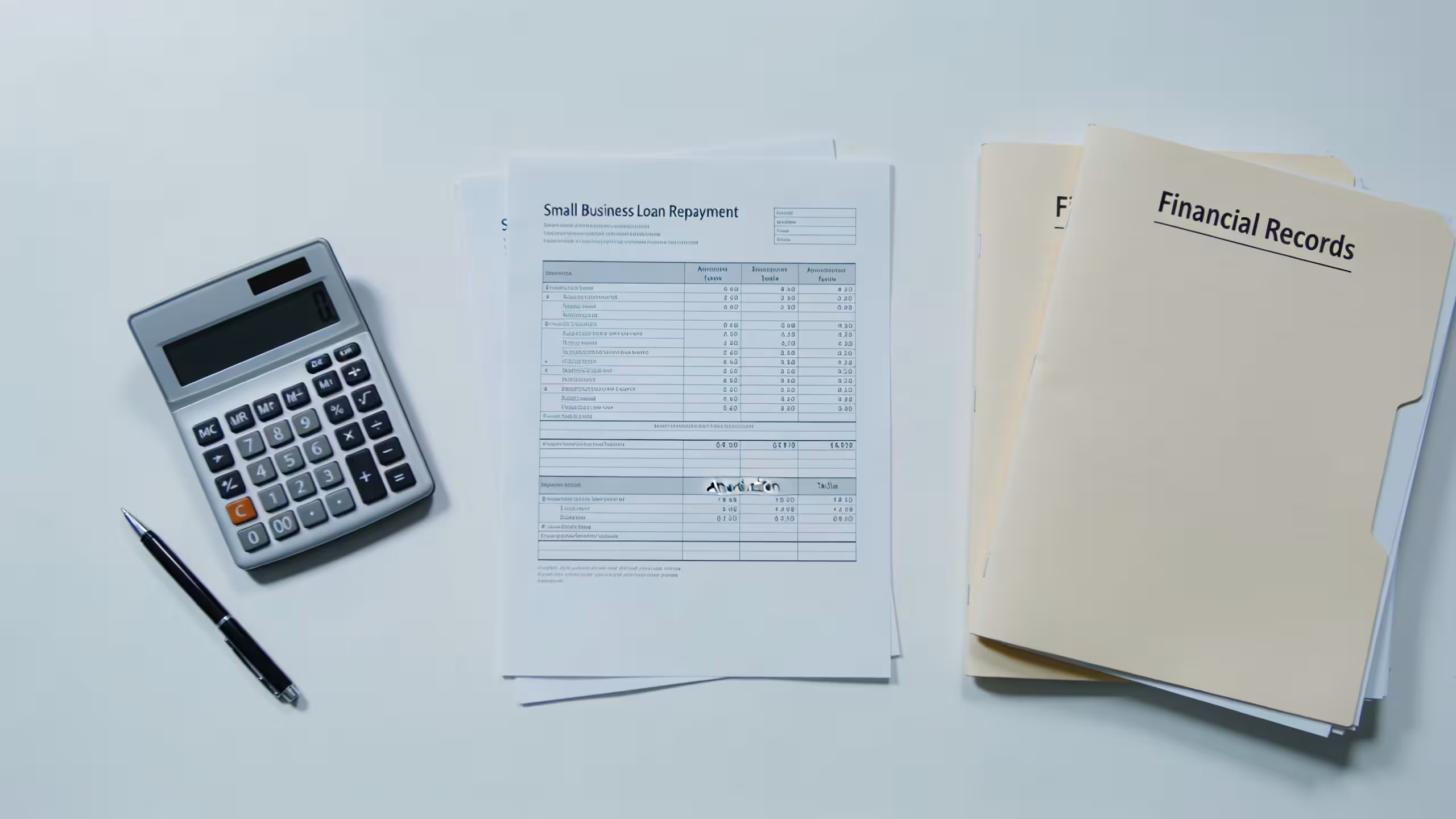 Small business loan repayment schedule and amortization breakdown on a clean office desk