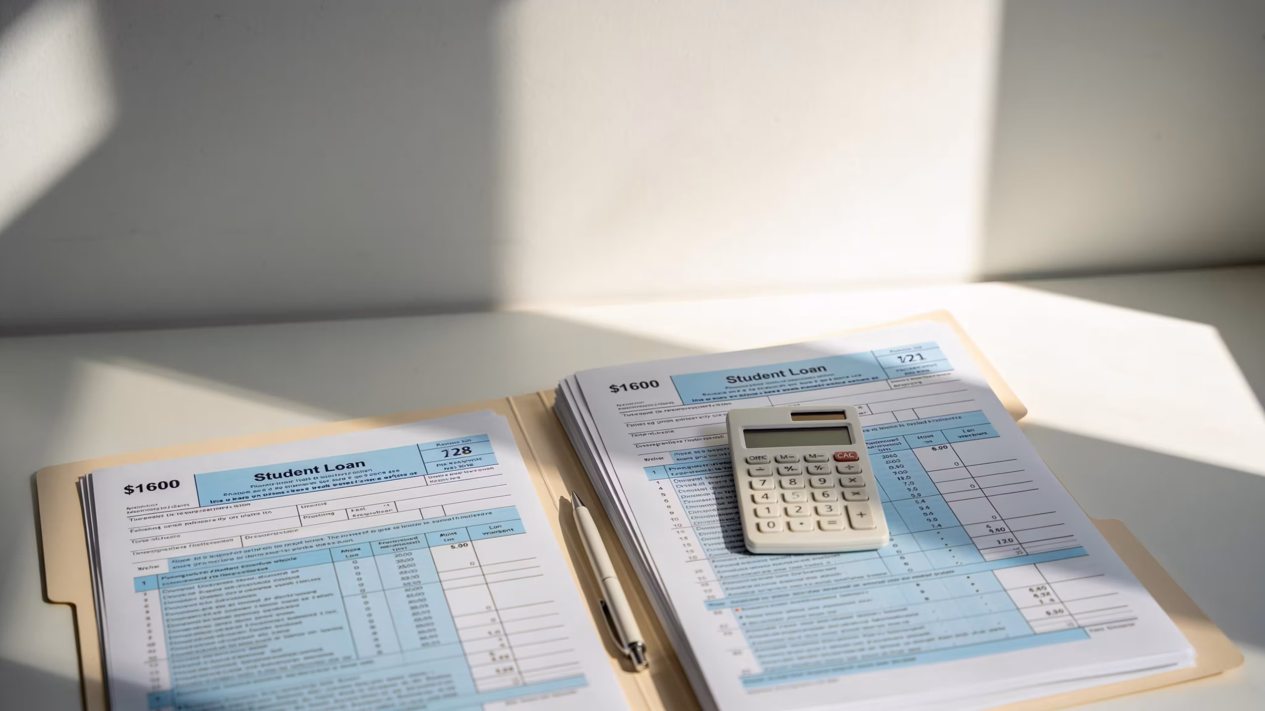 Student loan consolidation application form with calculator and loan statements on a clean desk