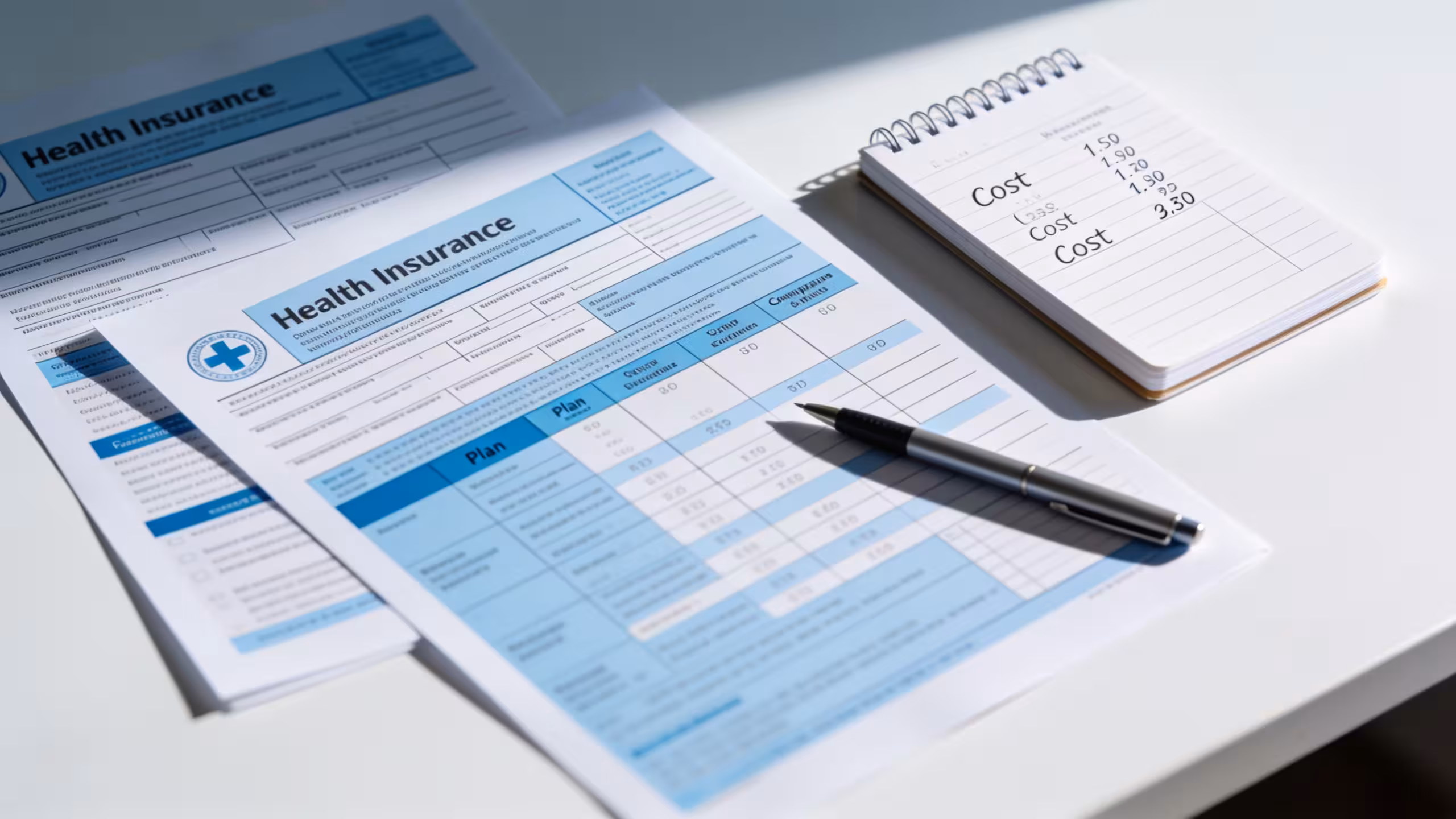 Health insurance plan documents and cost comparison notepad on a clean desk, illustrating how to choose health insurance.