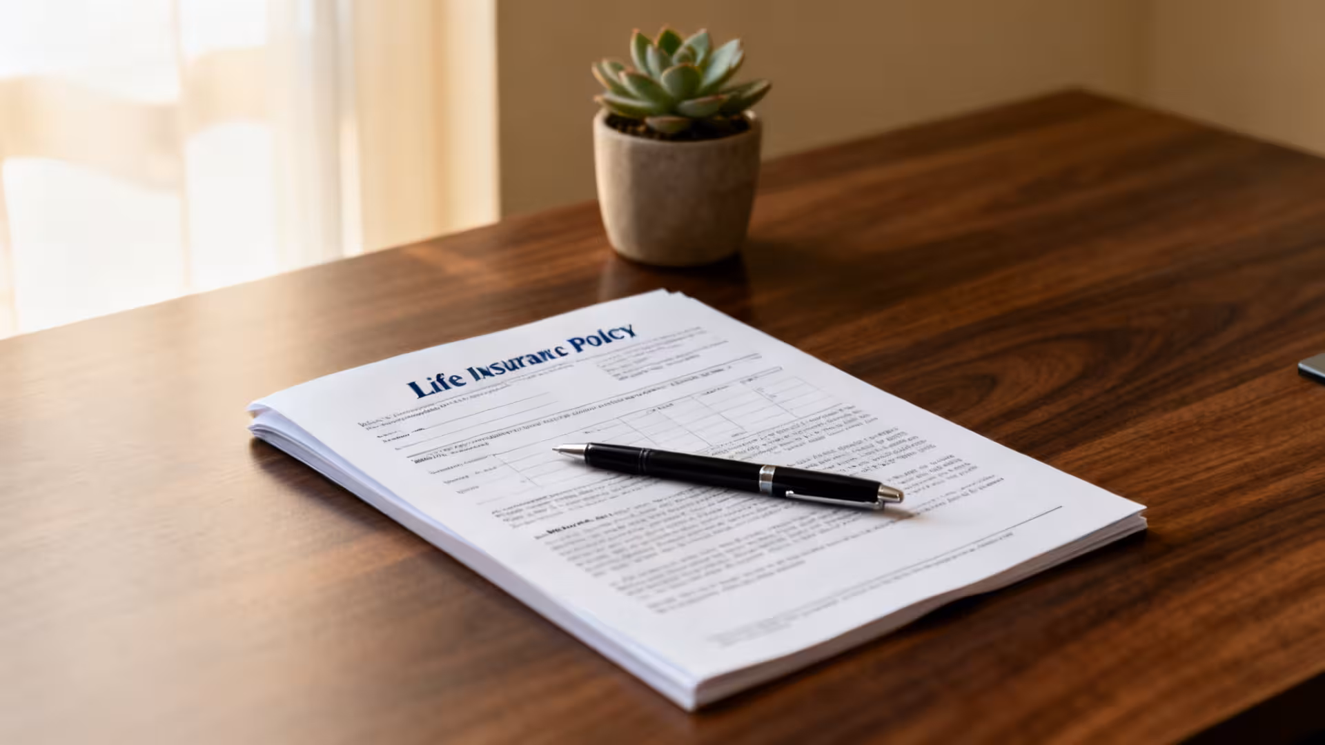 Life insurance policy document and pen on a wooden desk, illustrating life insurance for smokers rate options.