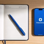 Life insurance for young adults depicted with a financial planning notebook and smartphone app on a clean desk