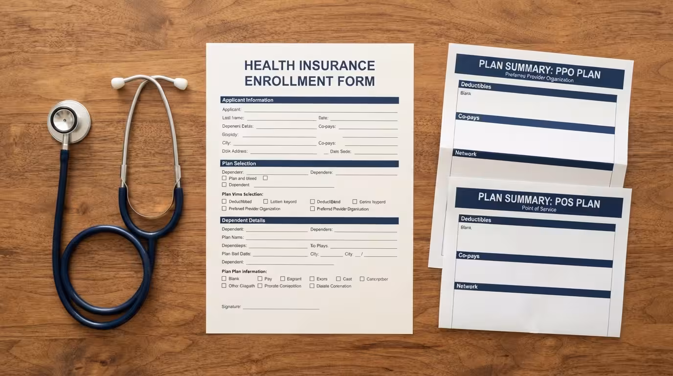 Insurance plan documents labeled PPO and POS on a clean desk representing a PPO vs POS health insurance choice