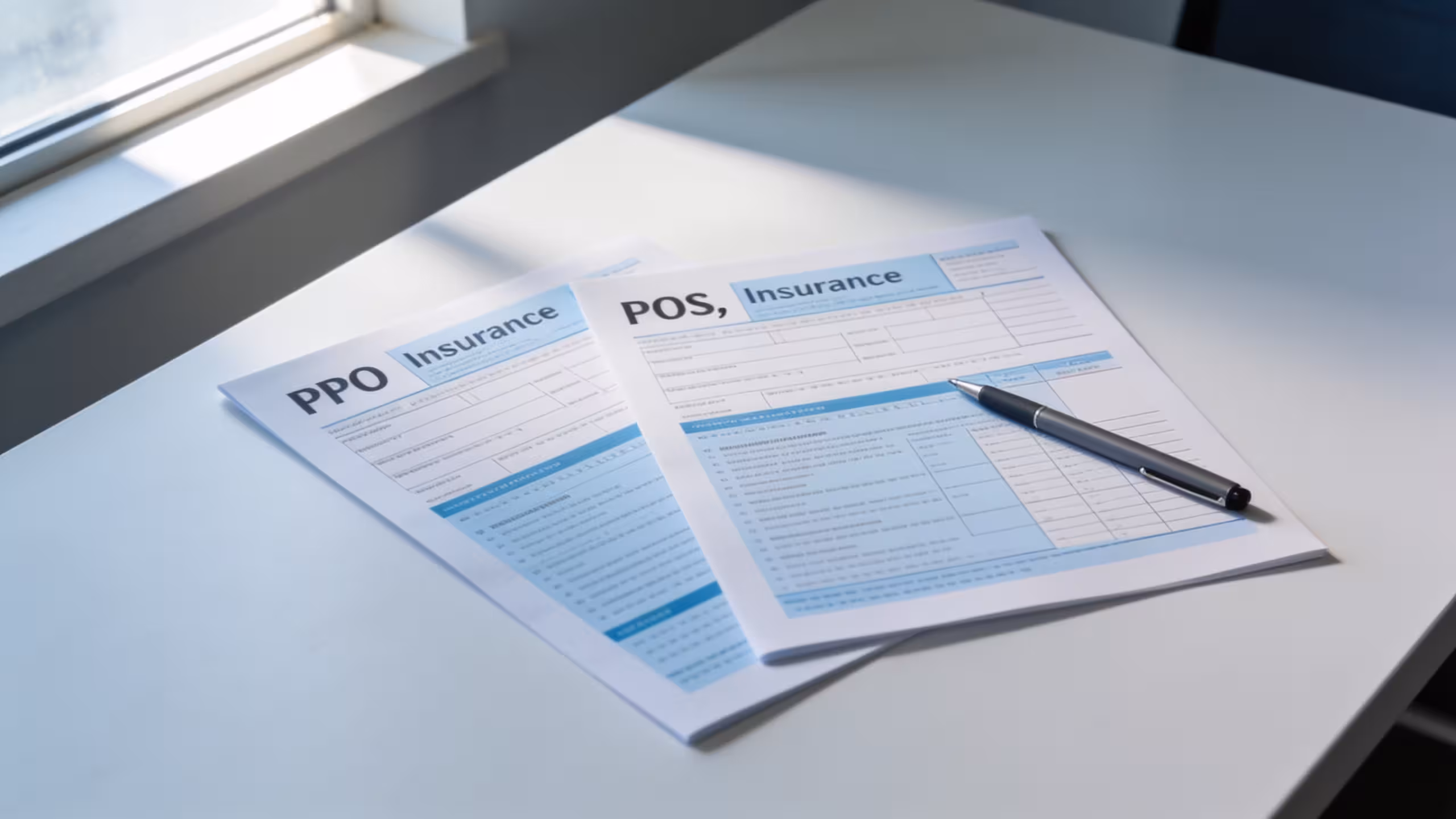 Insurance plan documents labeled PPO and POS on a clean desk representing a PPO vs POS health insurance choice