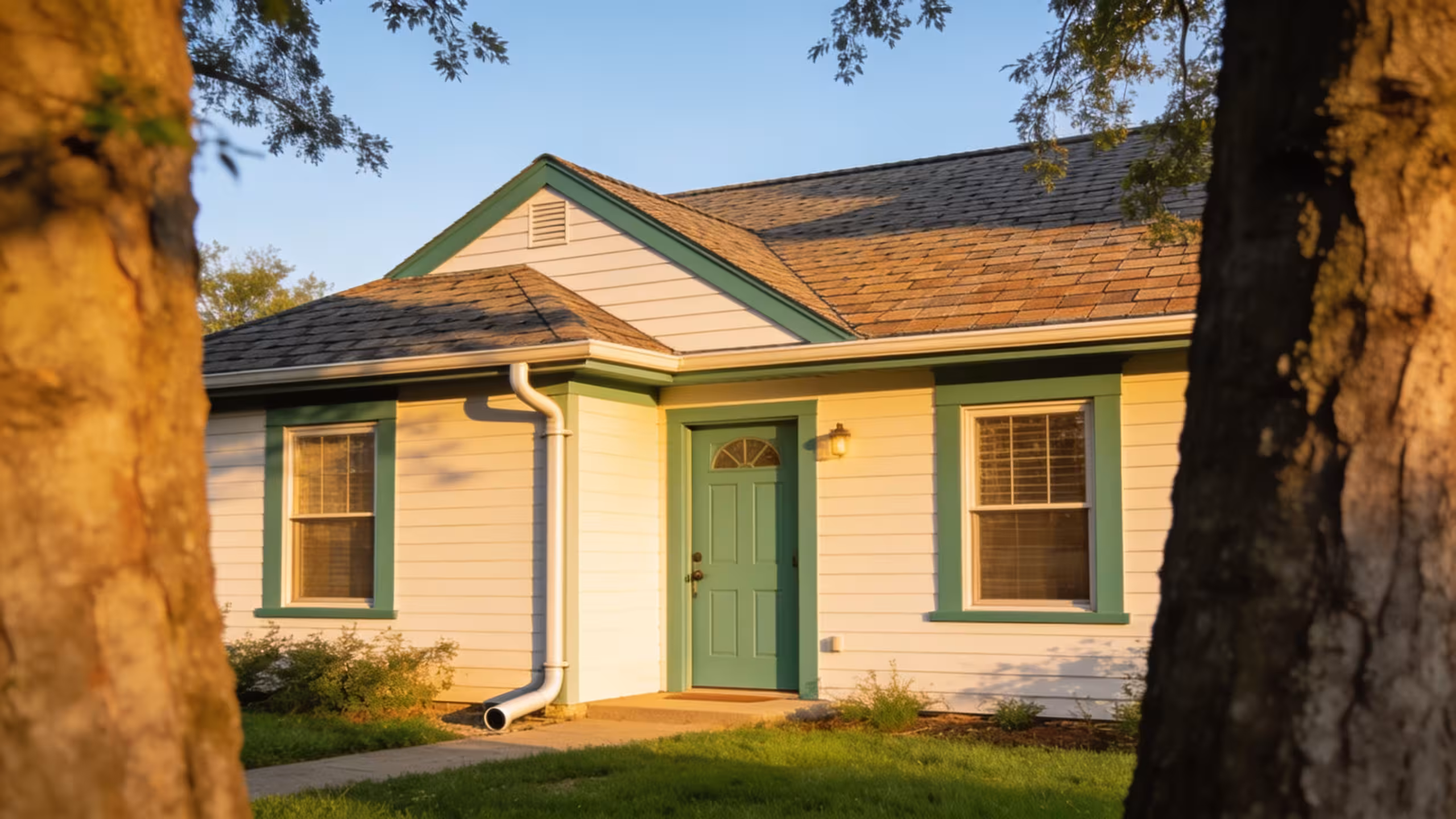 Suburban home exterior with new roof and clean gutters, personal loan for home repairs