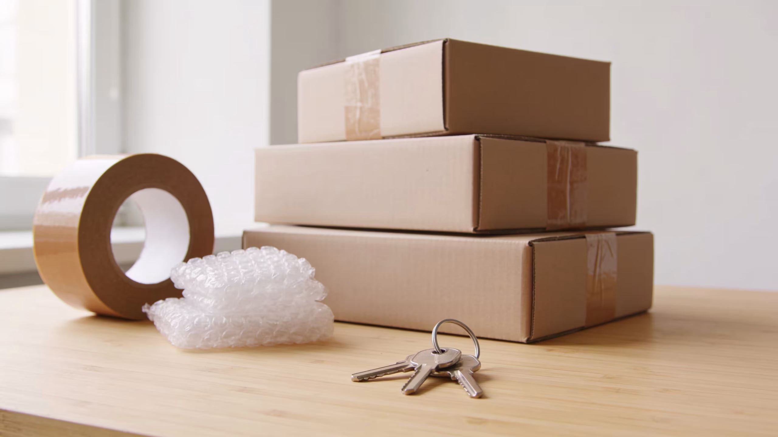 Personal loan for moving costs: moving supplies including sealed boxes, packing tape, and house keys on a wood surface