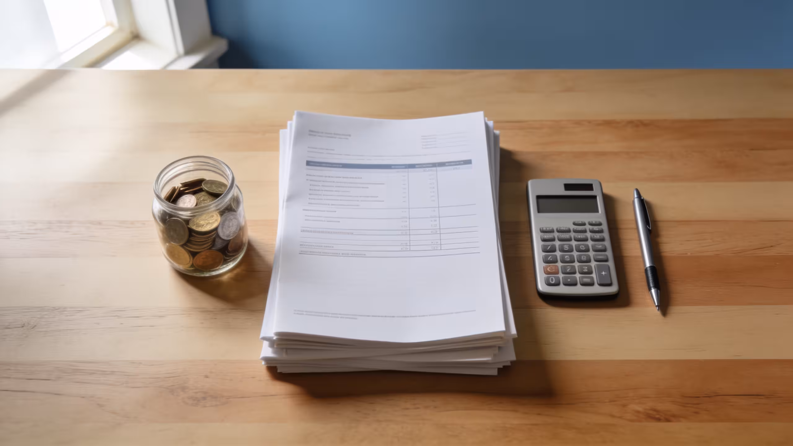 Short term loan alternatives: financial planning documents, coins, and a calculator on a wooden desk.