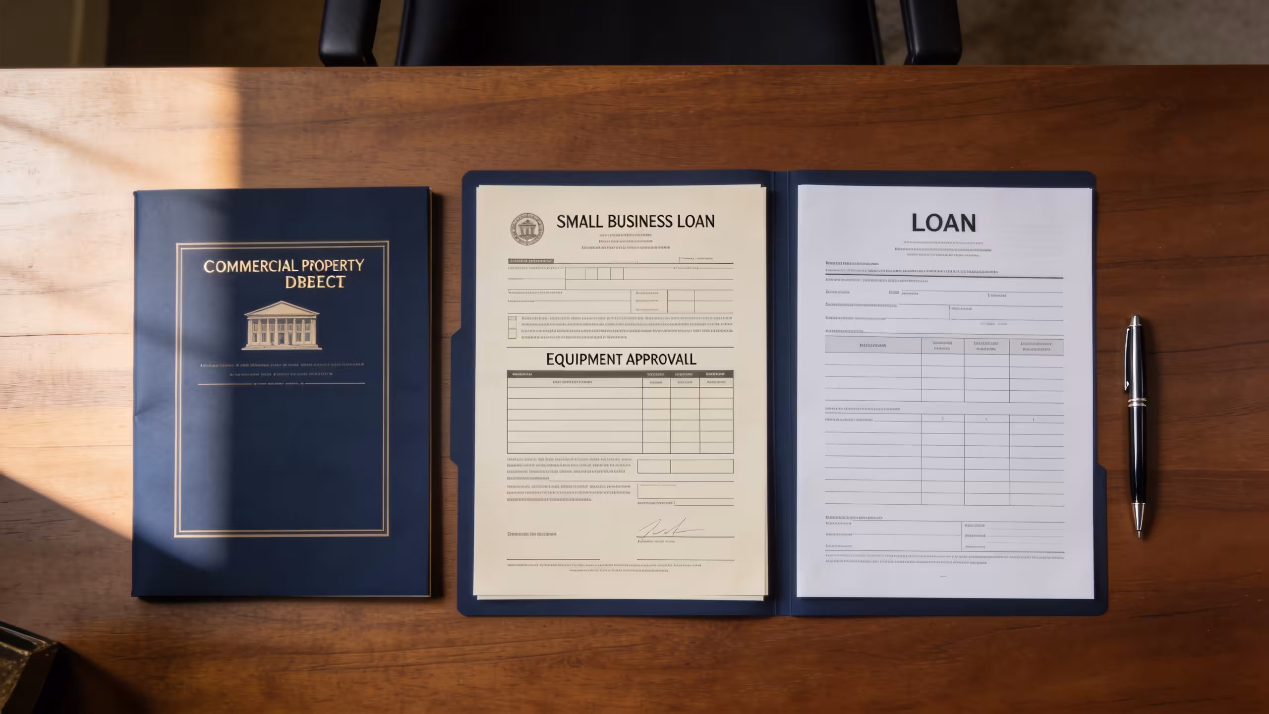 Small business loan collateral documents with a property deed and equipment appraisal on a clean office desk