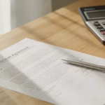 Small business loan origination fee document on a desk with a pen and calculator, editorial style
