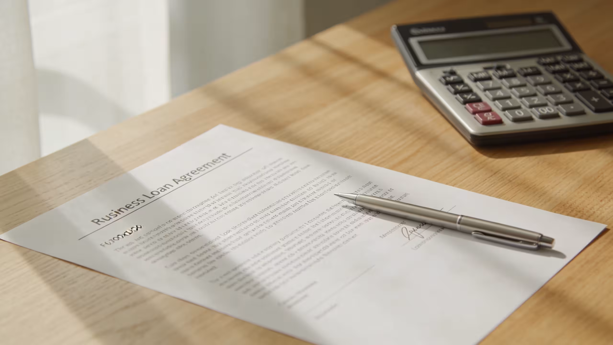 Small business loan origination fee document on a desk with a pen and calculator, editorial style
