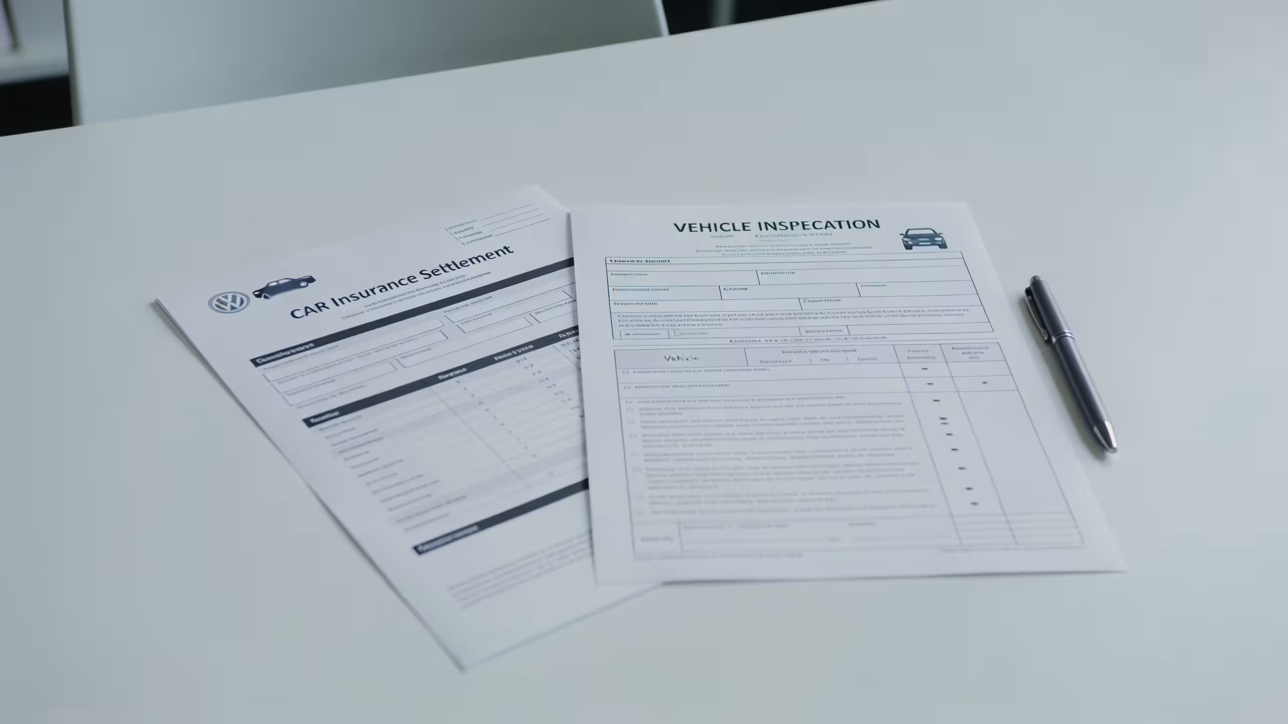 Car insurance claim documents and clipboard resting on a silver sedan hood during a vehicle inspection in a sunny parking lot