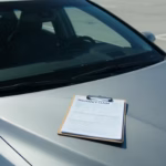 Car insurance claim documents and clipboard resting on a silver sedan hood during a vehicle inspection in a sunny parking lot