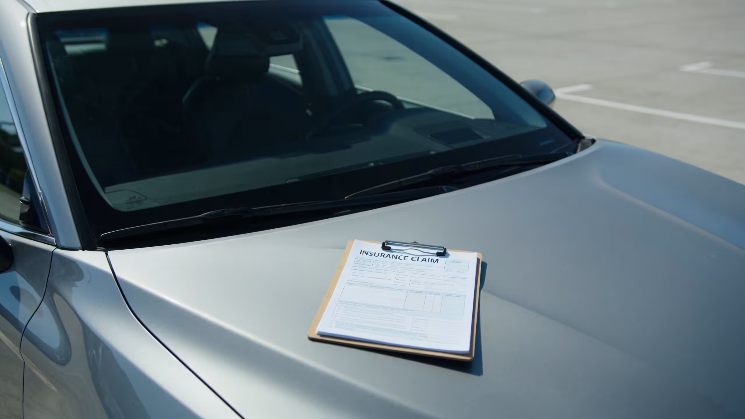Car insurance claim documents and clipboard resting on a silver sedan hood during a vehicle inspection in a sunny parking lot