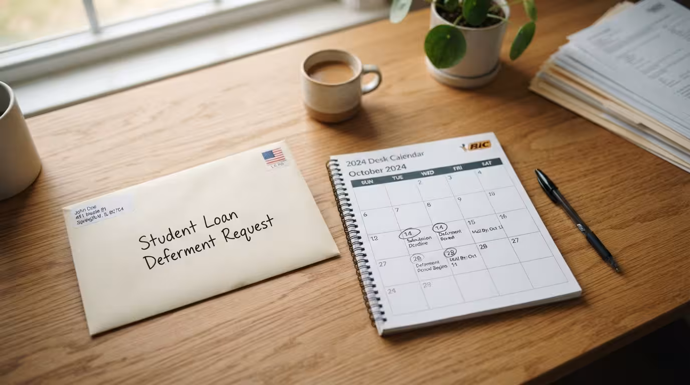 Student loan deferment pause documents and calendar on a clean desk, no people, editorial photography style.