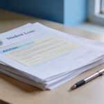 Student loan forbearance application documents on a wood desk with a pen, soft natural lighting, clean editorial style