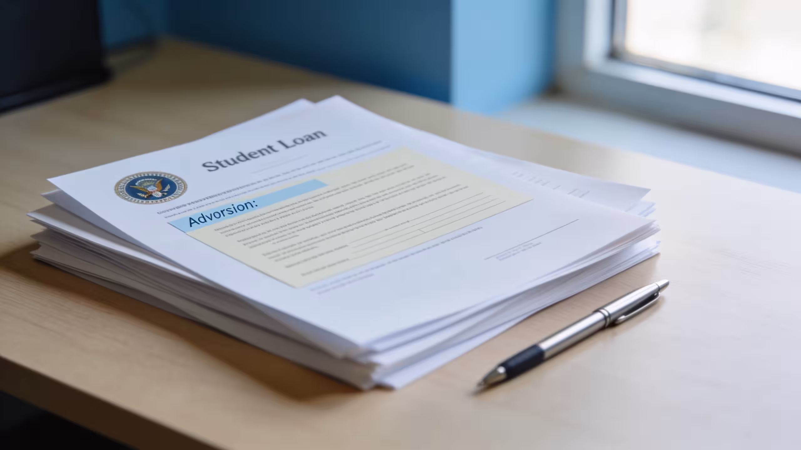 Student loan forbearance application documents on a wood desk with a pen, soft natural lighting, clean editorial style