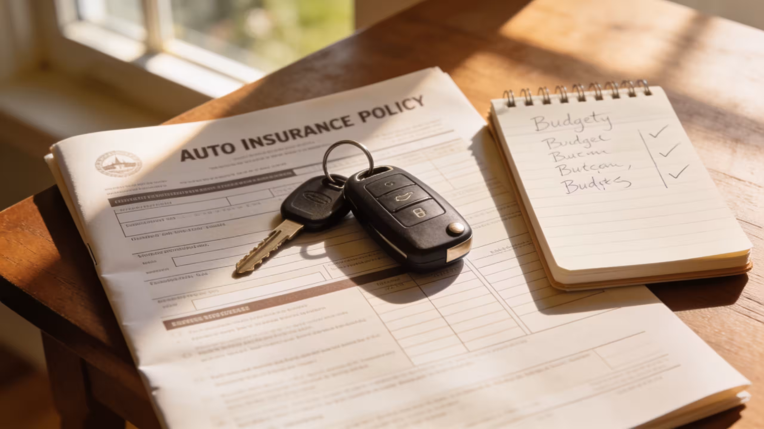 Laptop, insurance paperwork, and calculator representing best auto insurance for students
