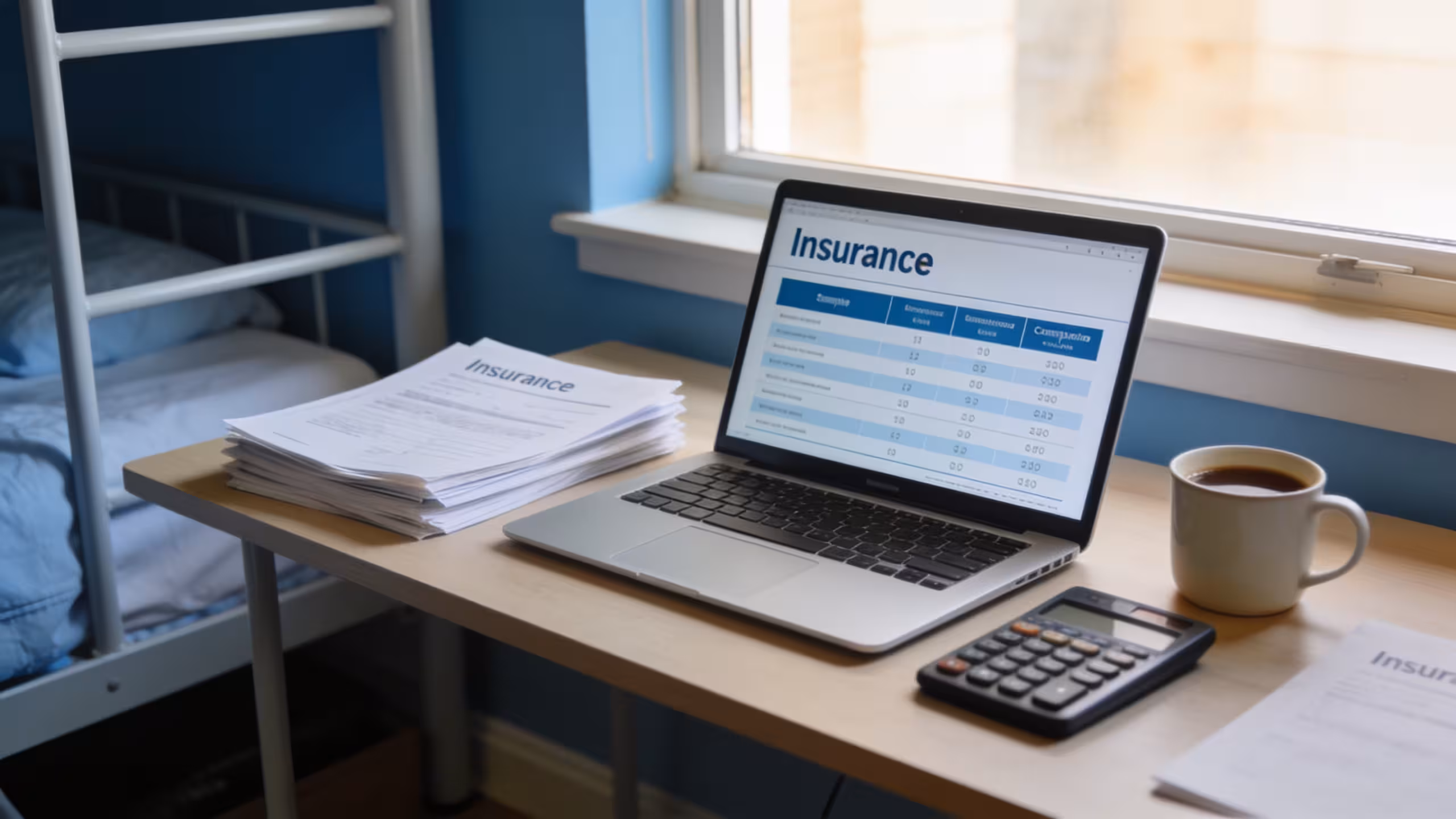 Laptop, insurance paperwork, and calculator representing best auto insurance for students