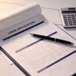 A clean desk with a loan document, calculator, and pen representing the best emergency loan options for fast cash