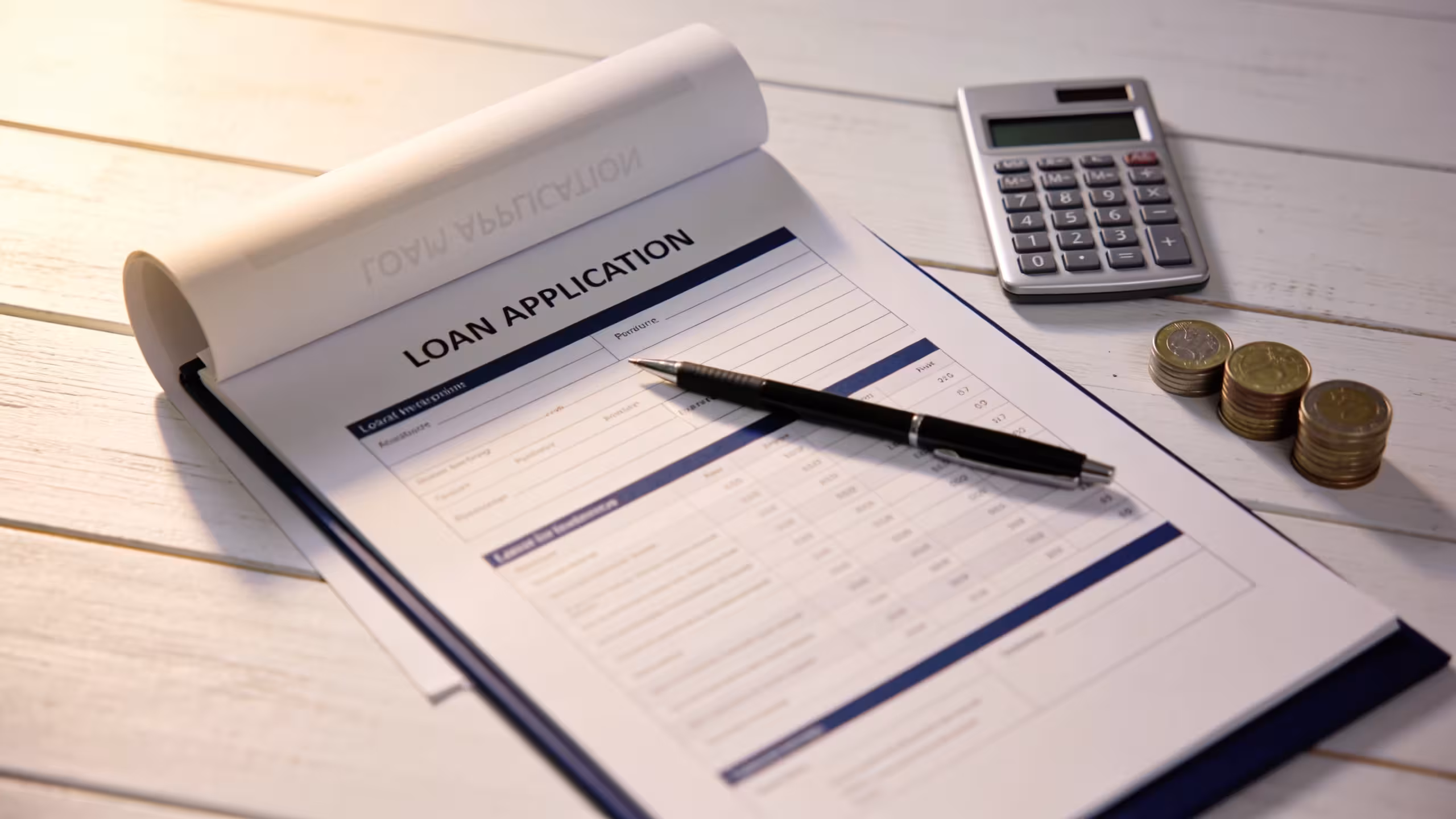 A clean desk with a loan document, calculator, and pen representing the best emergency loan options for fast cash