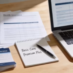 Best health insurance for families shown as plan comparison documents spread on a modern desk with a laptop