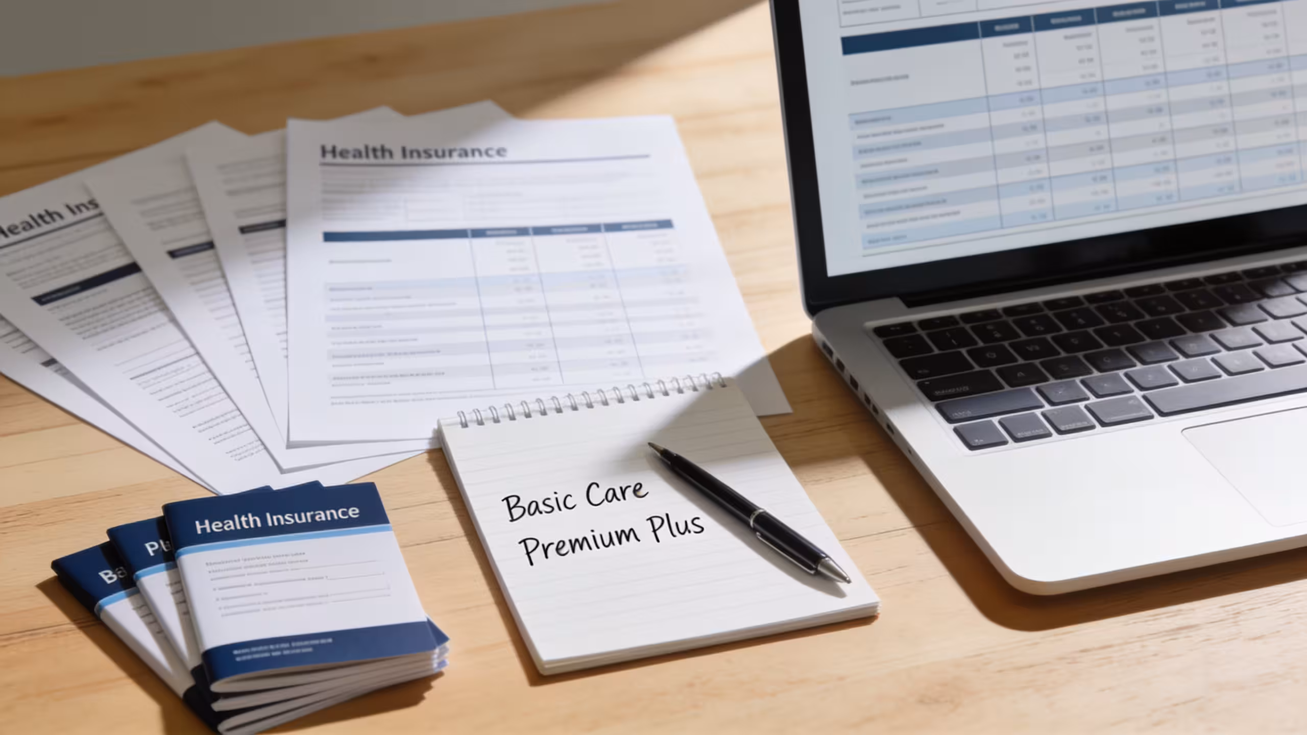 Best health insurance for families shown as plan comparison documents spread on a modern desk with a laptop