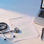 best health insurance for self-employed options shown with policy documents and a laptop on a clean professional desk