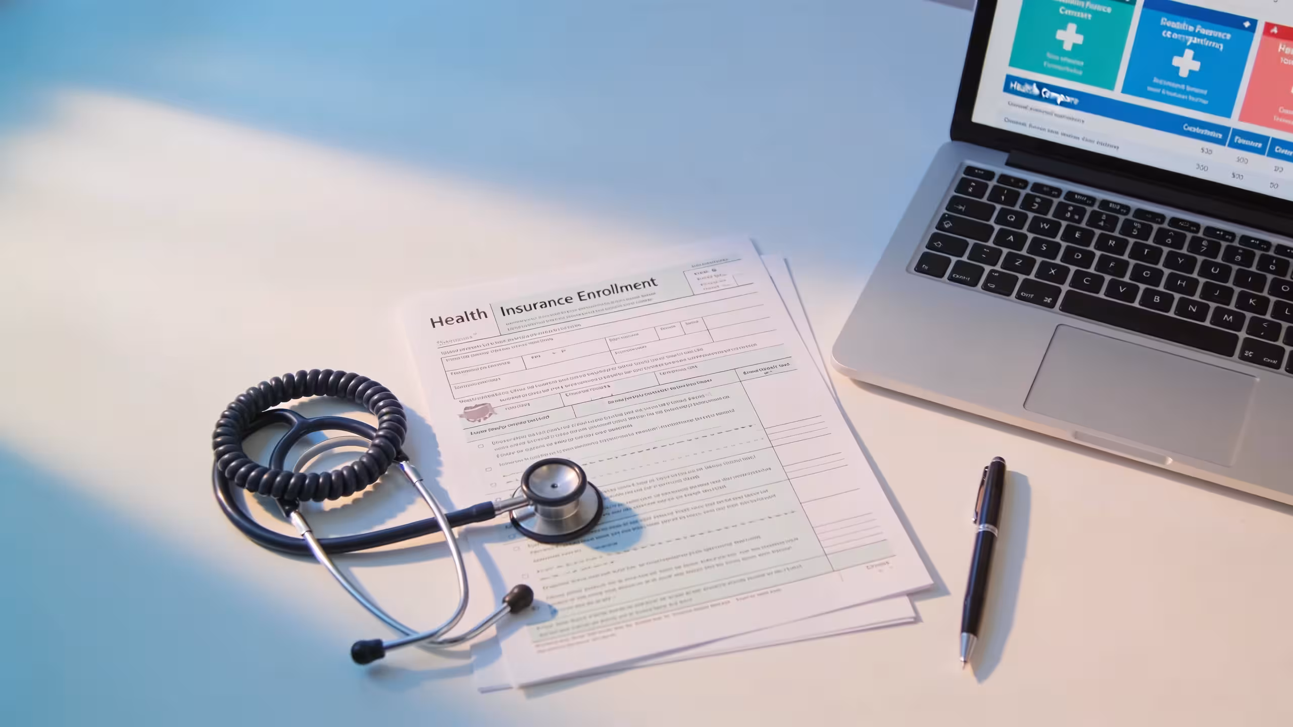 best health insurance for self-employed options shown with policy documents and a laptop on a clean professional desk